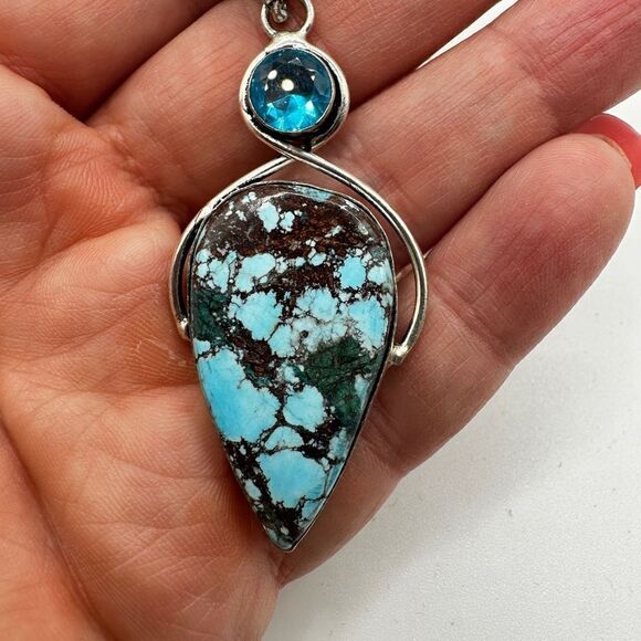 AMAZING Sterling Silver Turquoise and Swiss B. Topaz Pendant, 21" 925 necklace!! - Picture 4 of 11